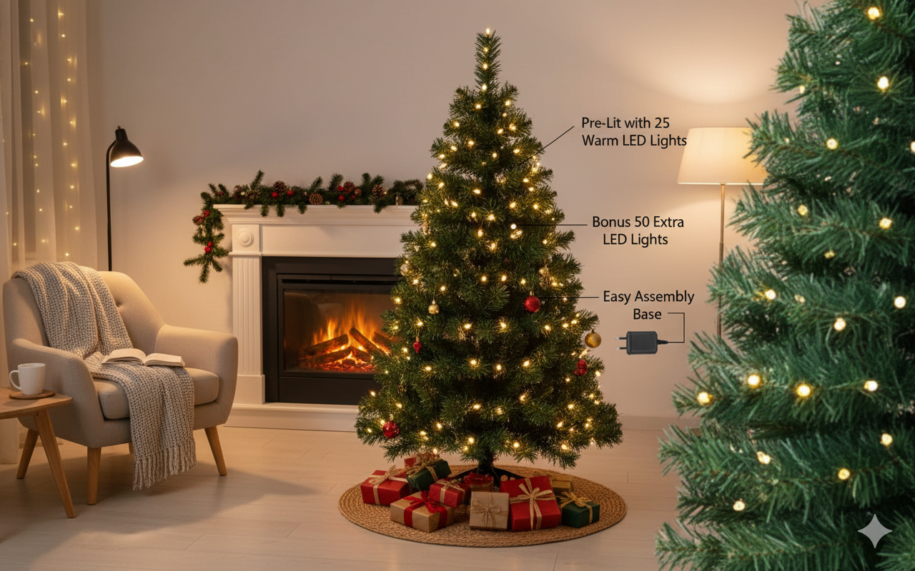 Okicoler 3 Ft Pre-Lit Artificial Christmas Tree with 25 LED Lights - Perfect Holiday Decoration for Home & Office, Easy to Assemble!