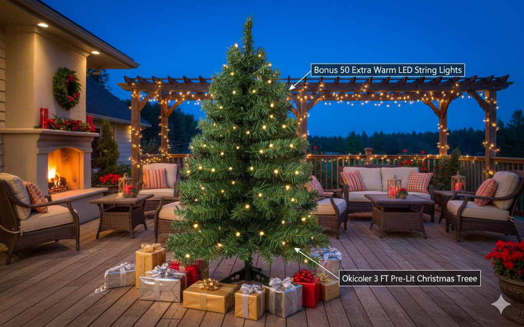 Okicoler 3 Ft Pre-Lit Artificial Christmas Tree with 25 LED Lights - Perfect Holiday Decoration for Home & Office, Easy to Assemble!