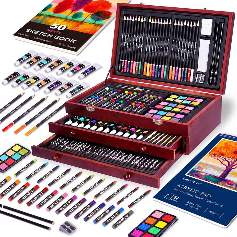 Ultimate 175-Piece Deluxe Art Set - Complete Acrylic Paints, Crayons & Colored Pencils in Elegant Wooden Case - Perfect Art Supplies for All Ages & Skill Levels - Ideal Gift for Birthdays & Holidays!