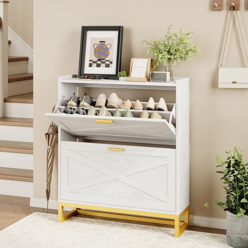 Sleek IRONCK White Wooden Shoe Cabinet with 2 Flip Drawers - Stylish Storage Organizer for Entryway, Hallway, and Living Room