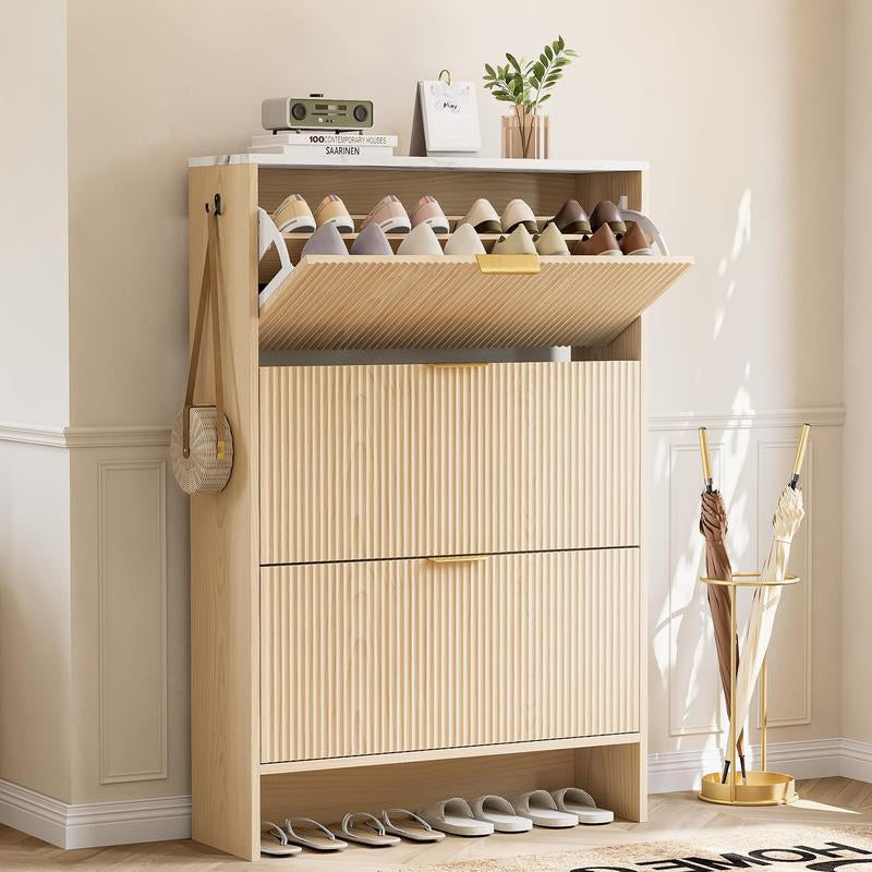 Sleek IRONCK White Wooden Shoe Cabinet with 2 Flip Drawers - Stylish Storage Organizer for Entryway, Hallway, and Living Room