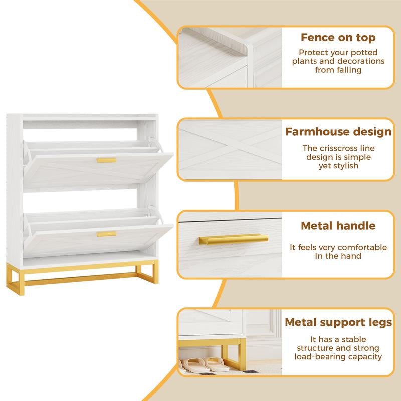 Sleek IRONCK White Wooden Shoe Cabinet with 2 Flip Drawers - Stylish Storage Organizer for Entryway, Hallway, and Living Room