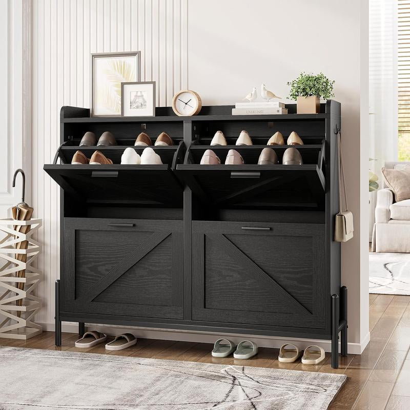 Sleek IRONCK White Wooden Shoe Cabinet with 2 Flip Drawers - Stylish Storage Organizer for Entryway, Hallway, and Living Room