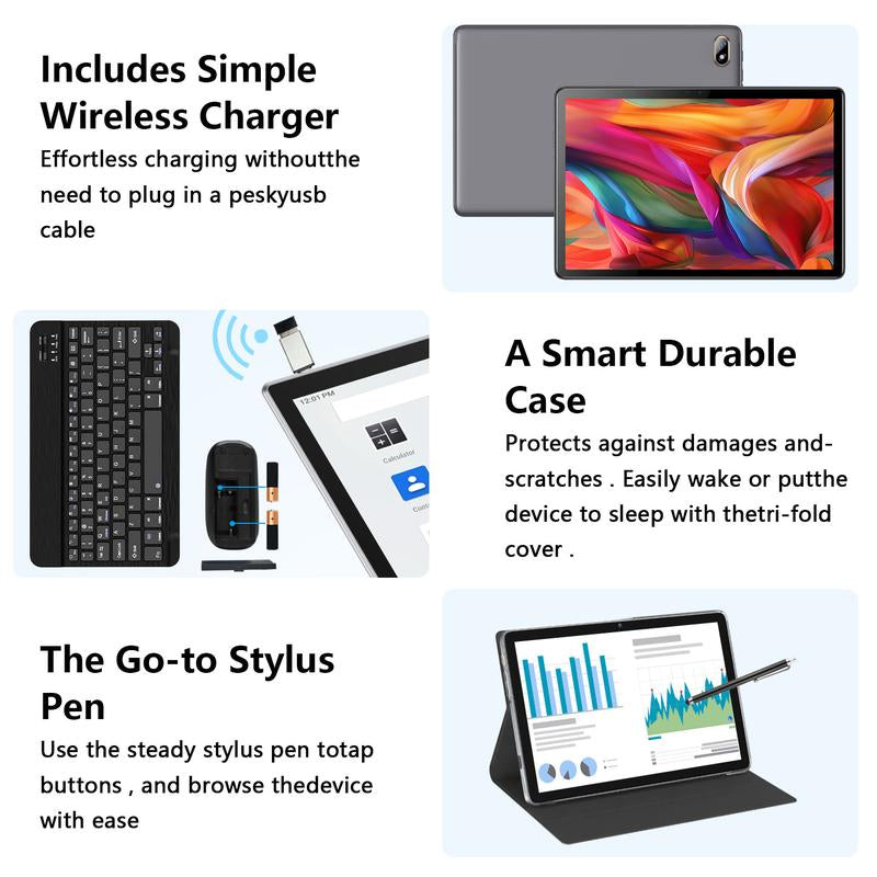 2024 Newest 10-Inch Android Tablet - 2-in-1 with Keyboard, Octa-Core, 128GB ROM, 1TB Expandable, HD Screen, 13MP Camera, 7000mAh Battery, Bluetooth 5.0, Includes Mouse, Stylus, and Case