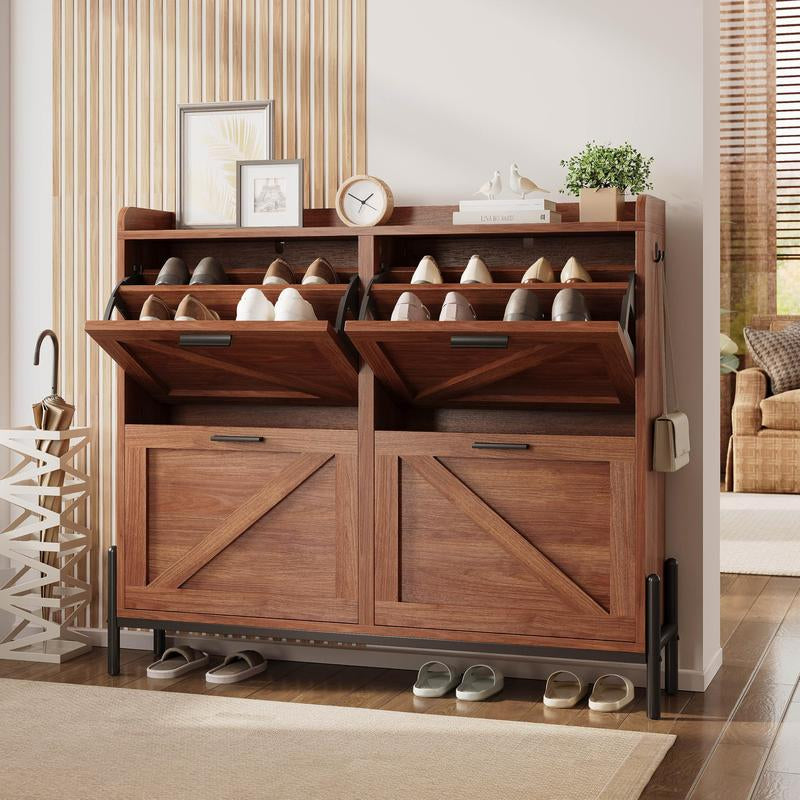 Sleek IRONCK White Wooden Shoe Cabinet with 2 Flip Drawers - Stylish Storage Organizer for Entryway, Hallway, and Living Room